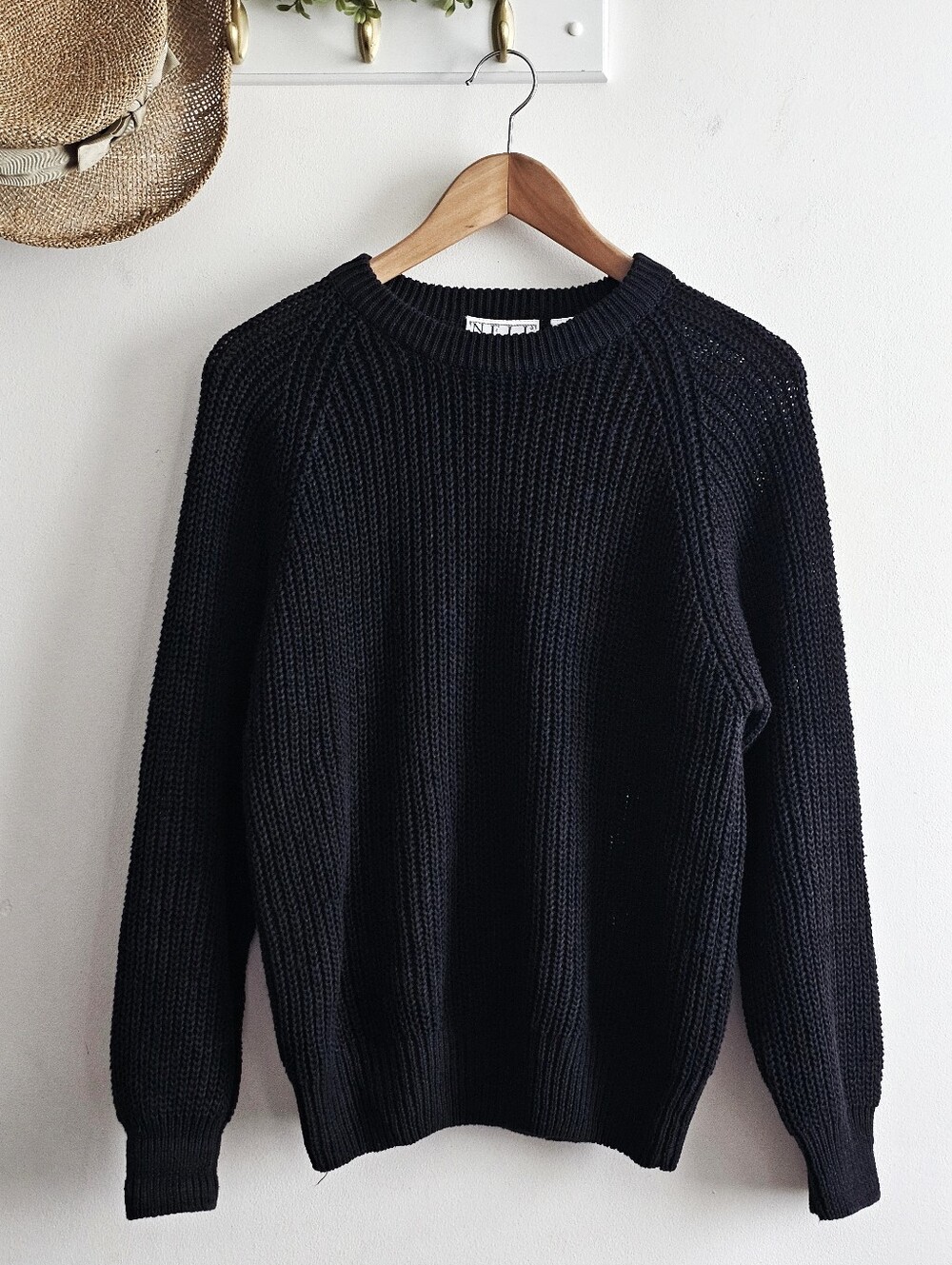 NELL Flowers By J.G. Hoor Black Chunky Knit Sweater Medium Ramie Cotton Raglan